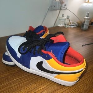 Royal Yellow Jordan 1 Low — worn lightly